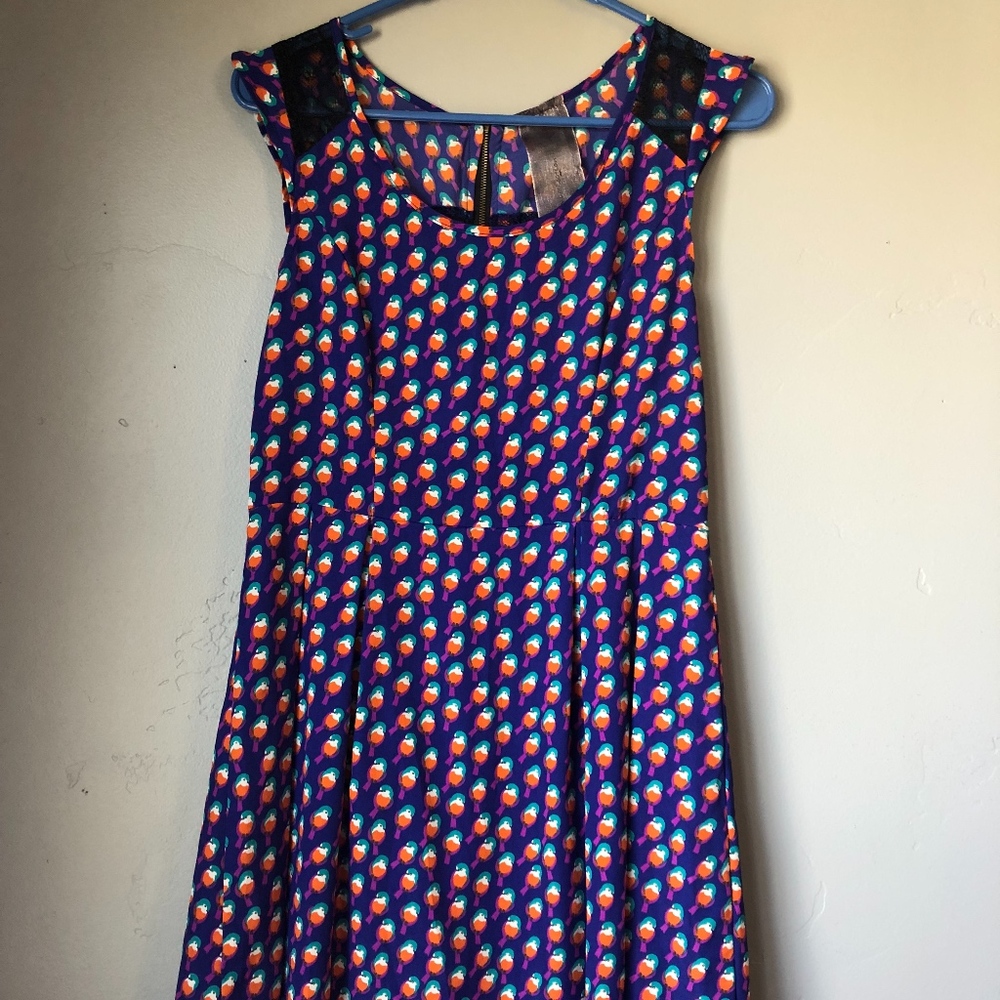Blue bird patterned dress